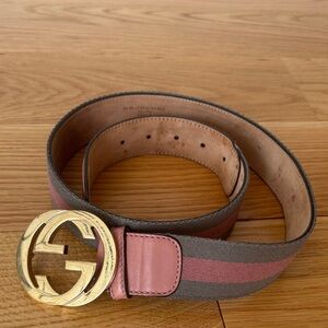 Gucci Pink and Brown Stripe Belt with Gold Emblem